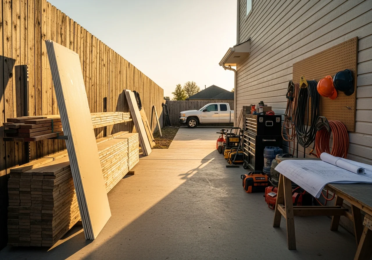 Construction crew on job site with tools and equipment ready for residential renovation work.
