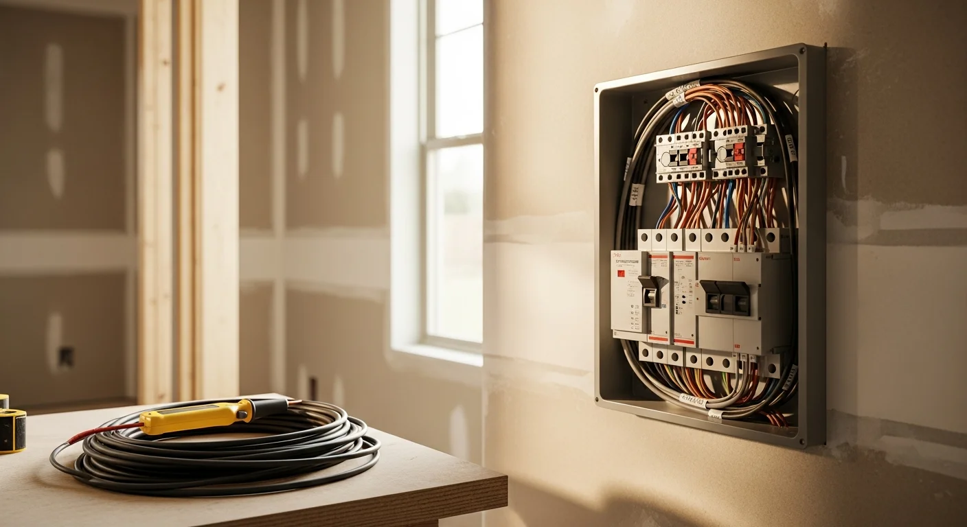 Electrician installing wiring in new home construction