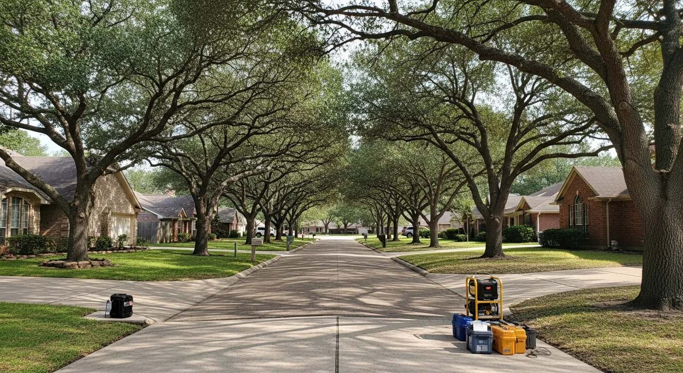Residential street in Baytown with mature trees and well-maintained homes typical of the area's established neighborhoods.