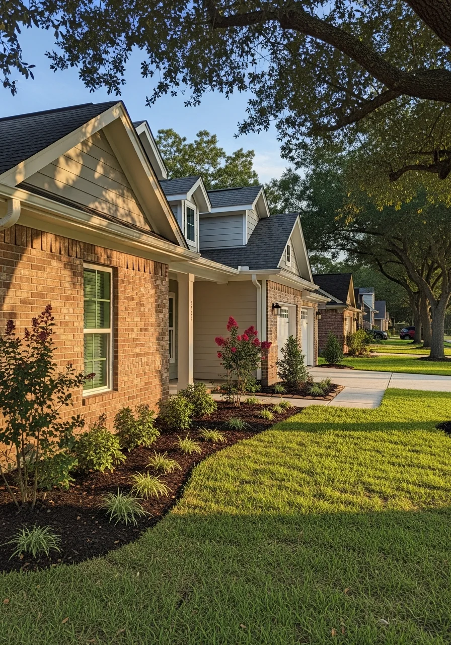 Professional crew working on a Conroe property with local residential structures and landscape features visible.