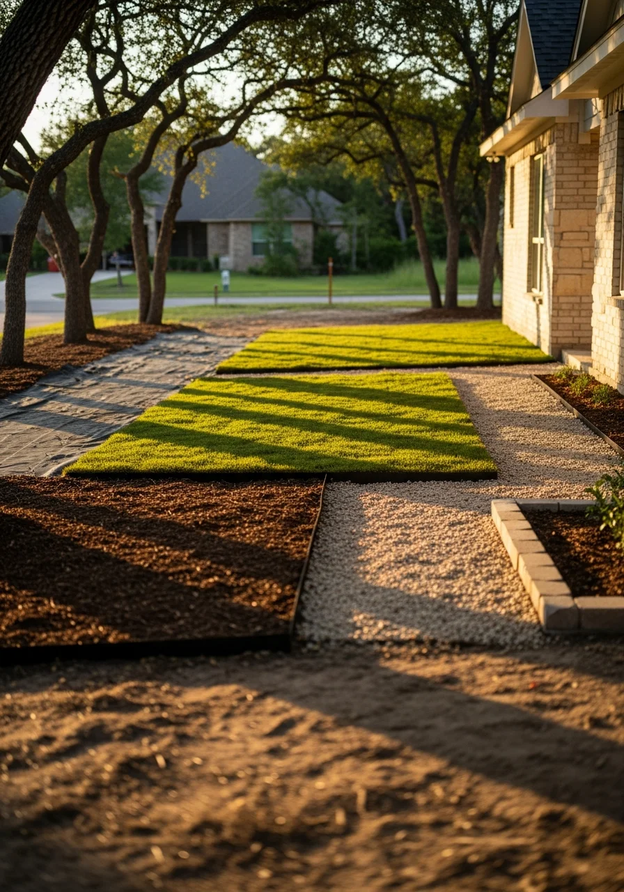 Crew member servicing a Cypress property with residential development and landscape features visible in background.