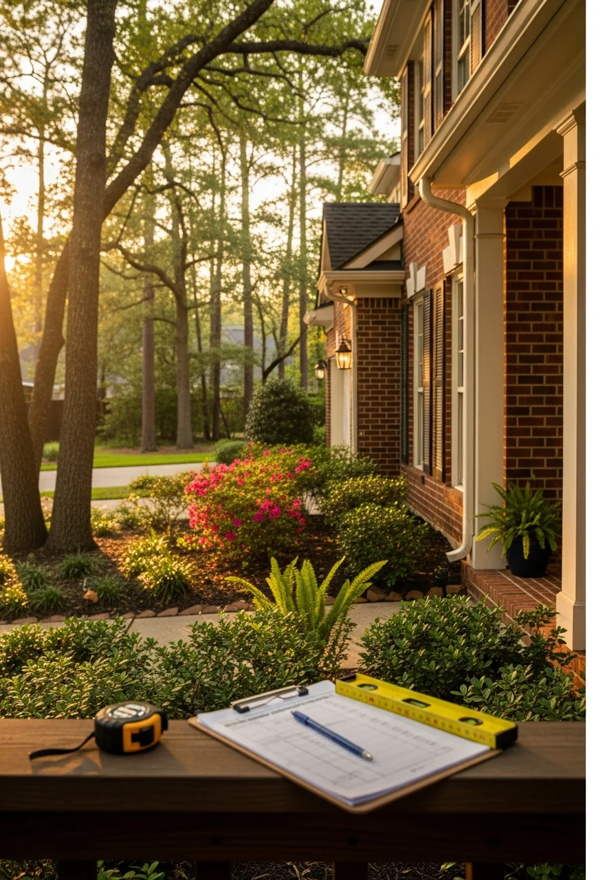 Professional crew member inspecting a Houston property with mature trees and residential structures in background.