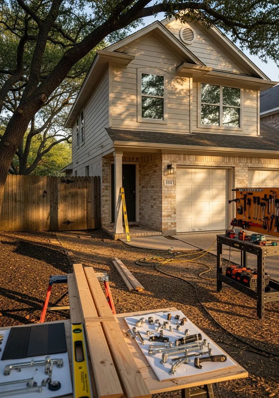 Crew member working on a Katy residential property with new construction and established landscaping visible.