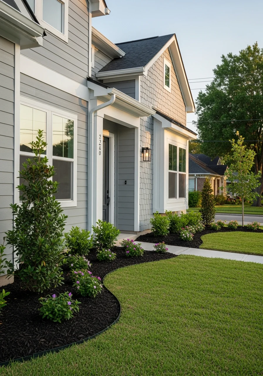 Professional crew working on a Pearland property with residential structures and manicured landscape features visible.