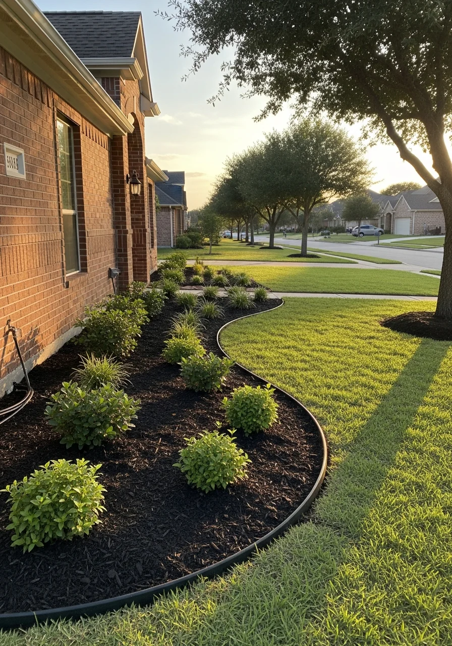 Crew member working on a Sugarland property with community-standard landscaping and residential features visible.