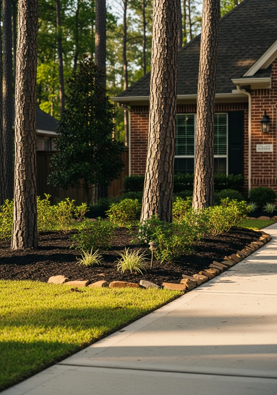 Close-up of professional crew maintaining a Woodlands property with native trees and manicured landscaping visible.