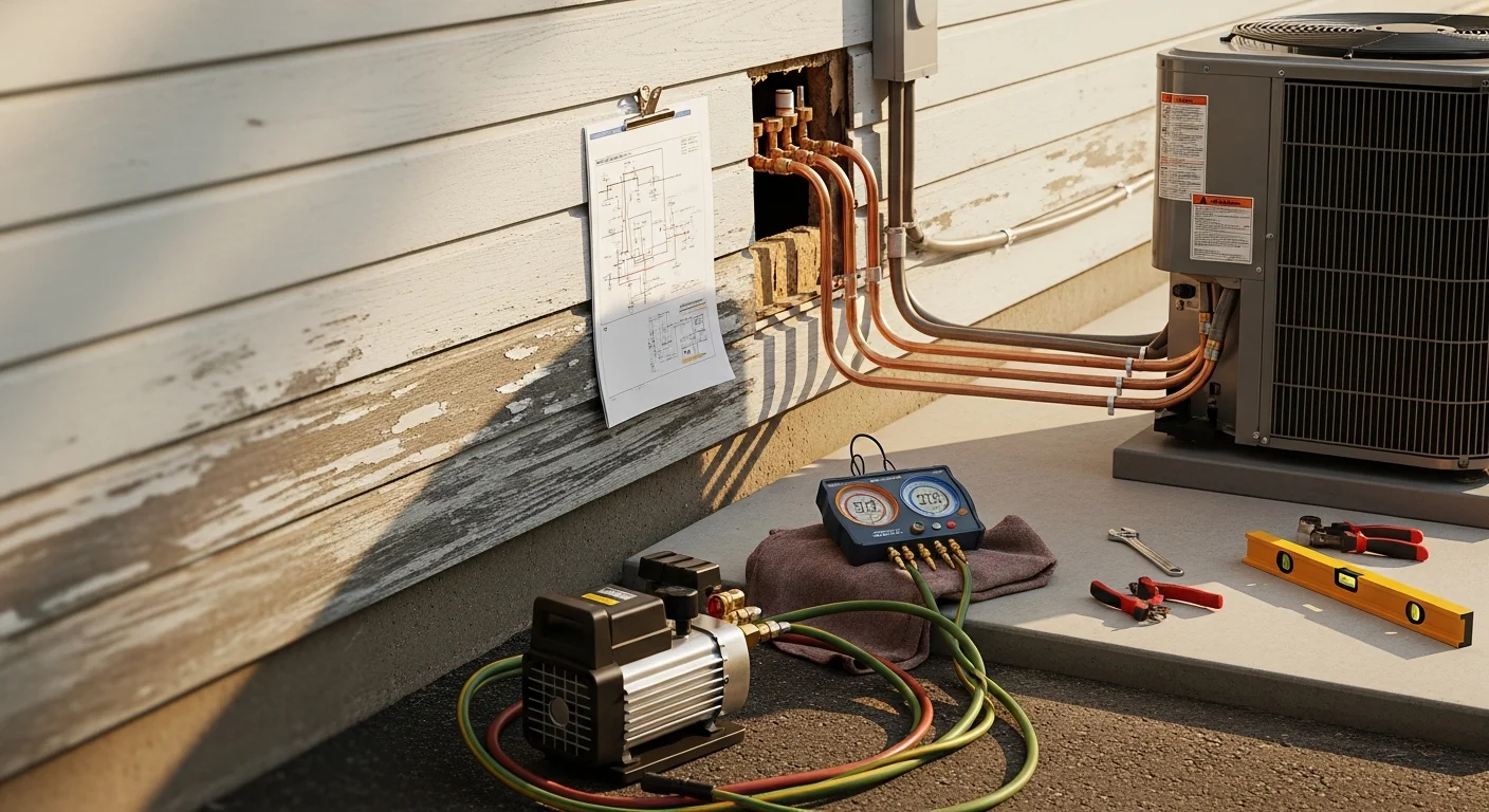 A licensed HVAC technician from Texas Renovators LLC connects refrigerant lines to a new outdoor condenser unit installed beside a single-family home in Baytown, Texas. The residential neighborhood and clear Texas sky are visible in the background.