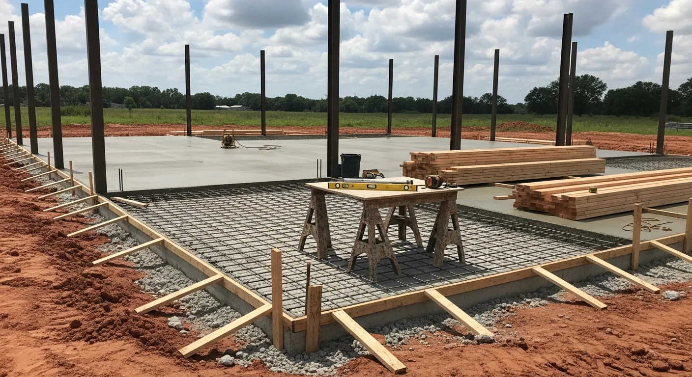 A completed steel-frame barndominium on a cleared lot in Baytown, Texas, with a metal roof, large garage doors, and a covered front entry. The exterior shows board-and-batten siding with a gravel driveway and open land behind the structure.