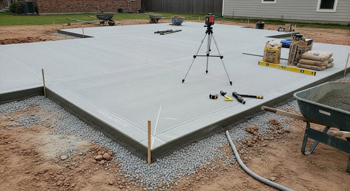 A freshly poured and finished concrete slab foundation at a residential property in Baytown, Texas, with visible rebar reinforcement and a graded sub-base prepared for clay soil conditions. The surrounding yard shows flat, low-elevation terrain typical of the Baytown area near Galveston Bay.