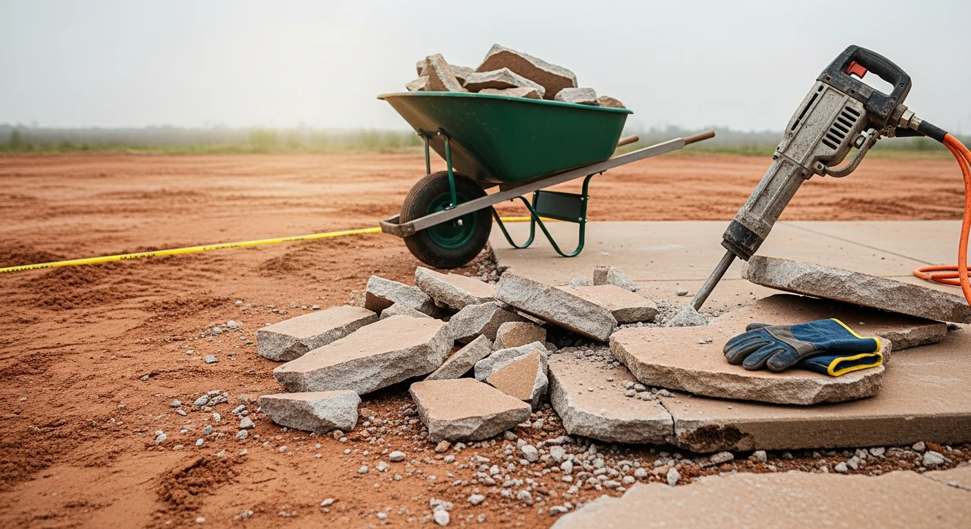 A concrete demolition crew breaking up a cracked residential driveway slab in Baytown, Texas, with debris staged for removal. Exposed soil and rebar visible after slab sections have been lifted and cleared.