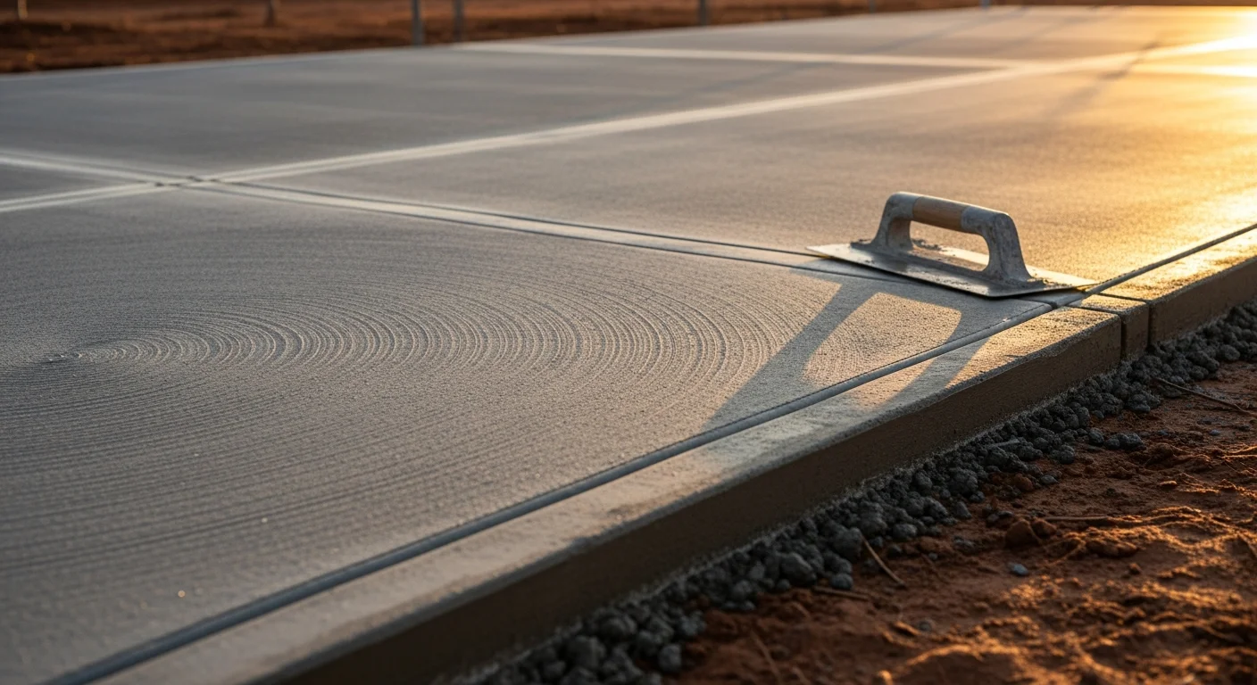 A freshly troweled concrete slab on a Baytown residential property, showing a smooth, level surface with clean edges and visible control joints. The finished flatwork is part of a driveway or patio project completed by Texas Renovators LLC.