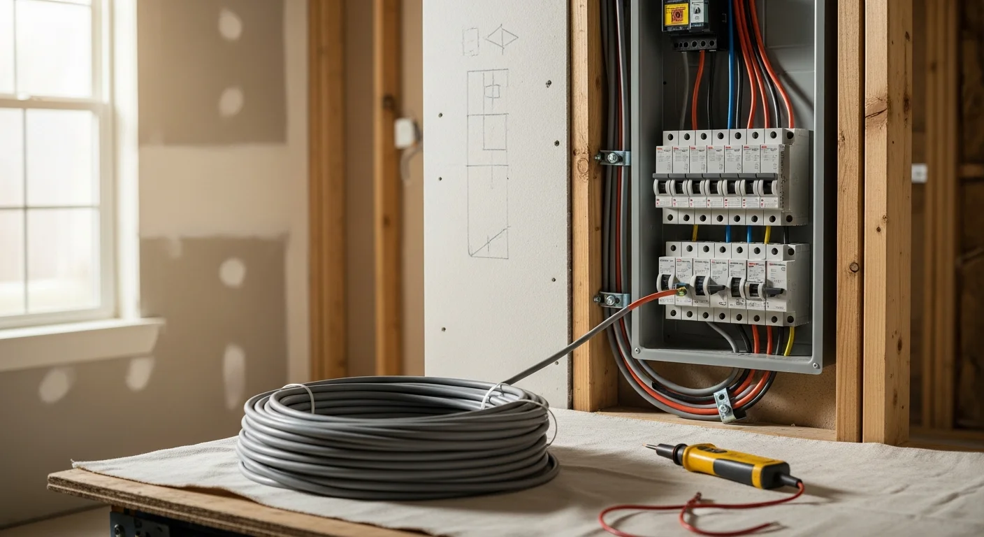 A licensed electrician from Texas Renovators LLC installing a new electrical panel and circuit wiring inside a Baytown, Texas home. Exposed wall framing shows fresh copper wiring runs leading to a new breaker box.