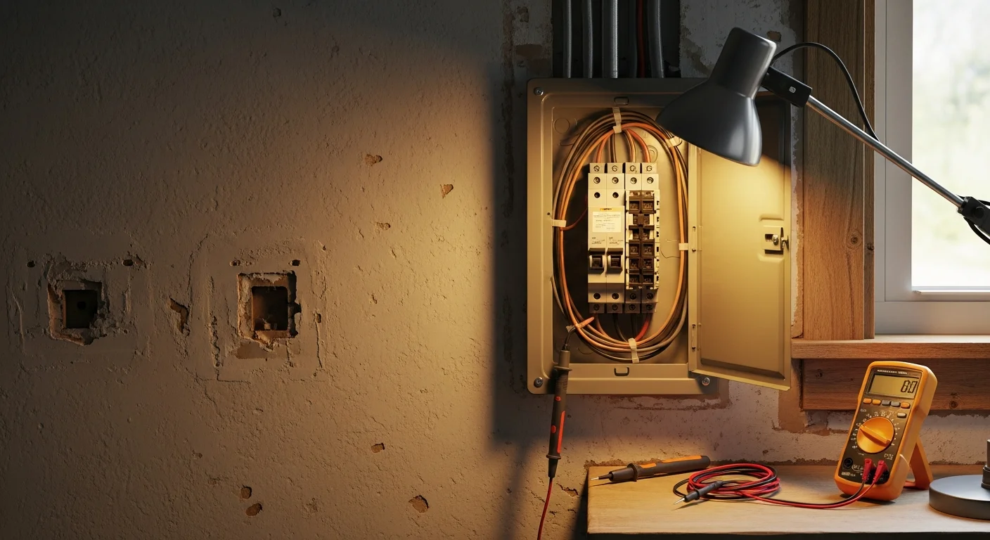 A licensed electrician from Texas Renovators LLC inspecting an open electrical panel inside a Baytown, TX home. The panel shows multiple circuit breakers with visible wiring connections being tested with a diagnostic meter.