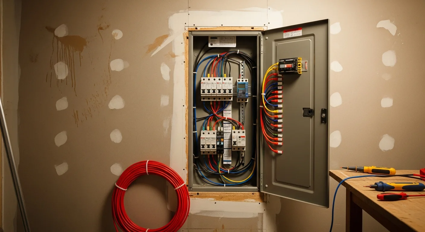 A licensed electrician from Texas Renovators LLC installing a new electrical panel in a Baytown, TX home. The upgraded breaker box is mounted on an interior wall with clearly labeled circuits and modern surge protection components.