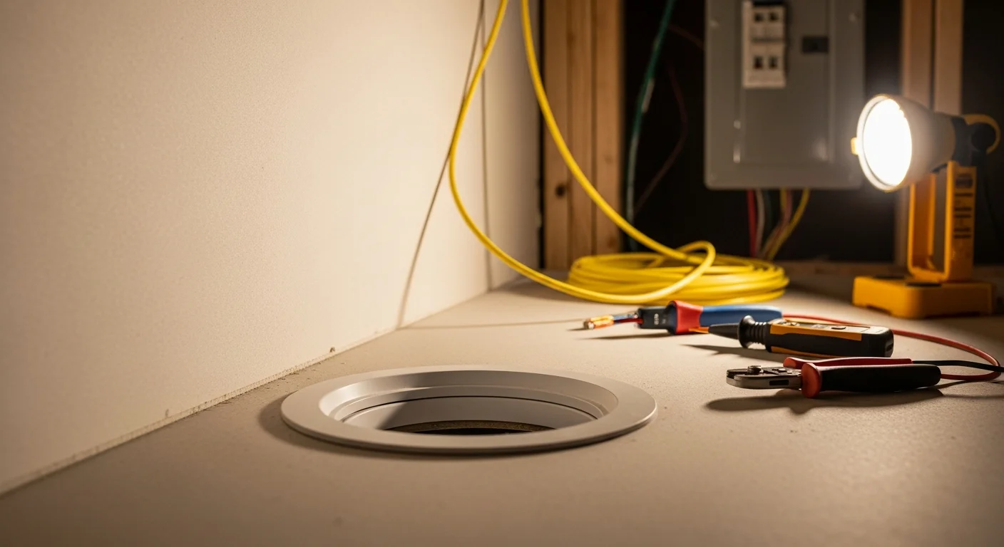 A licensed electrician from Texas Renovators LLC installing a ceiling light fixture in a Baytown home, with wiring connections visible inside an open junction box. The finished fixture is mounted flush to the ceiling in a residential living room.