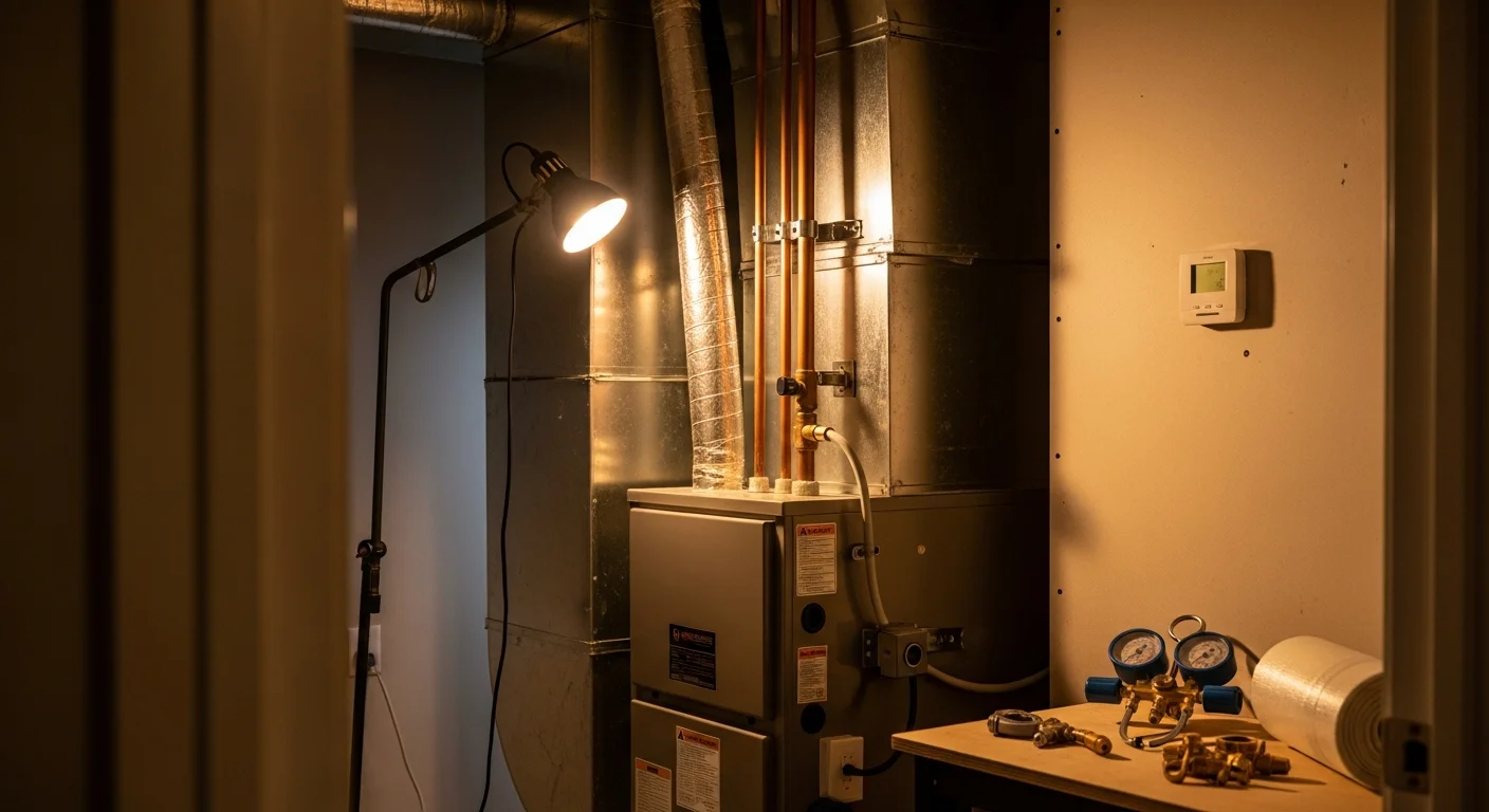A licensed HVAC technician from Texas Renovators LLC completing a heating system installation inside a single-family home in Baytown, Texas. The image shows new heating equipment mounted in a utility area with visible ductwork connections.