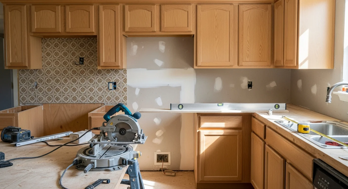 A renovated kitchen interior inside a Baytown, Texas home, showing updated cabinetry, new flooring, and modern fixtures. The space reflects a full home renovation completed by a local general contractor.