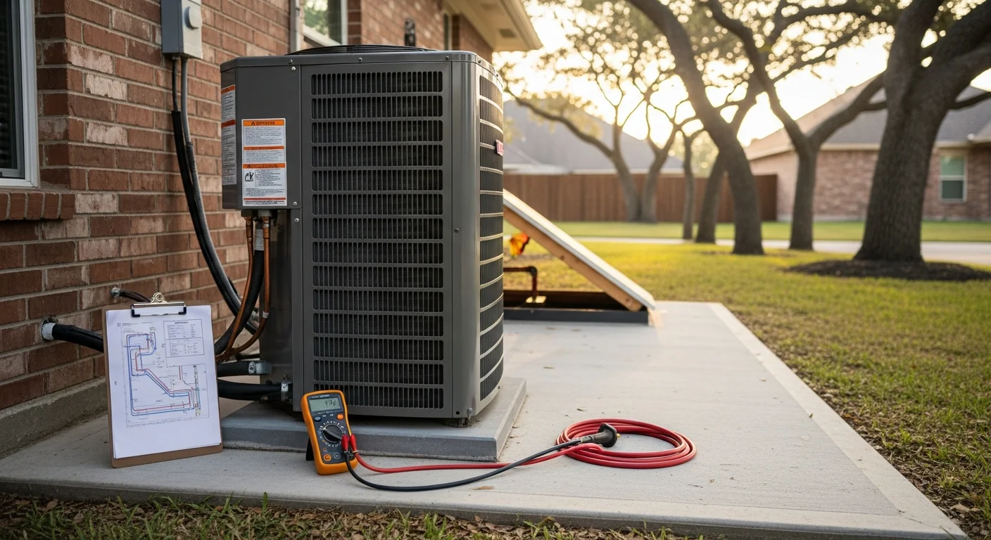 A newly installed residential HVAC outdoor condenser unit on a concrete pad beside a Baytown home. A technician checks system connections during the final inspection after installation.