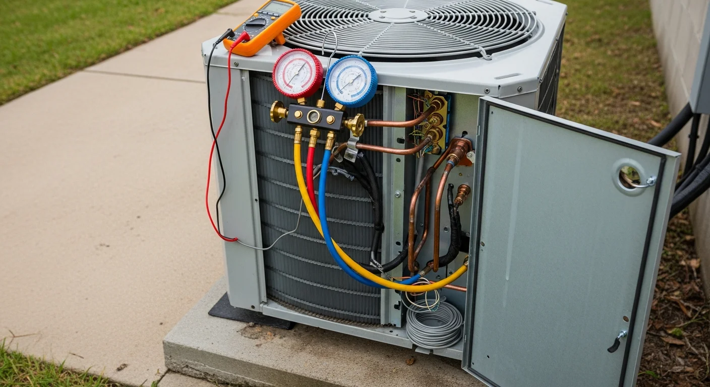 A Texas Renovators LLC technician inspecting an outdoor HVAC condenser unit at a single-family home in Baytown, Texas. The unit shows signs of coastal humidity exposure, with the technician checking refrigerant lines and electrical connections.