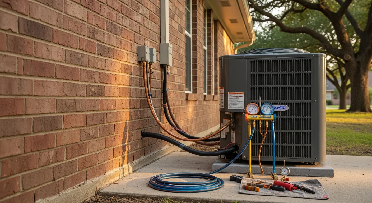 A newly installed residential HVAC outdoor condenser unit sitting on a concrete pad beside a Baytown home. A Texas Renovators LLC technician checks the electrical connections on the finished installation.