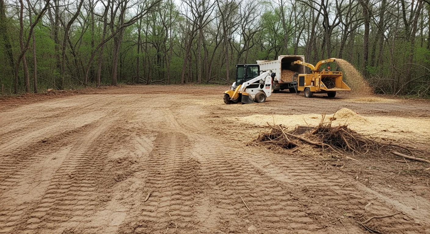 A cleared residential lot in Baytown, Texas with stumps ground down and brush removed, showing level bare soil ready for foundation work. Heavy equipment tracks are visible across the clay soil surface near the cleared tree line.