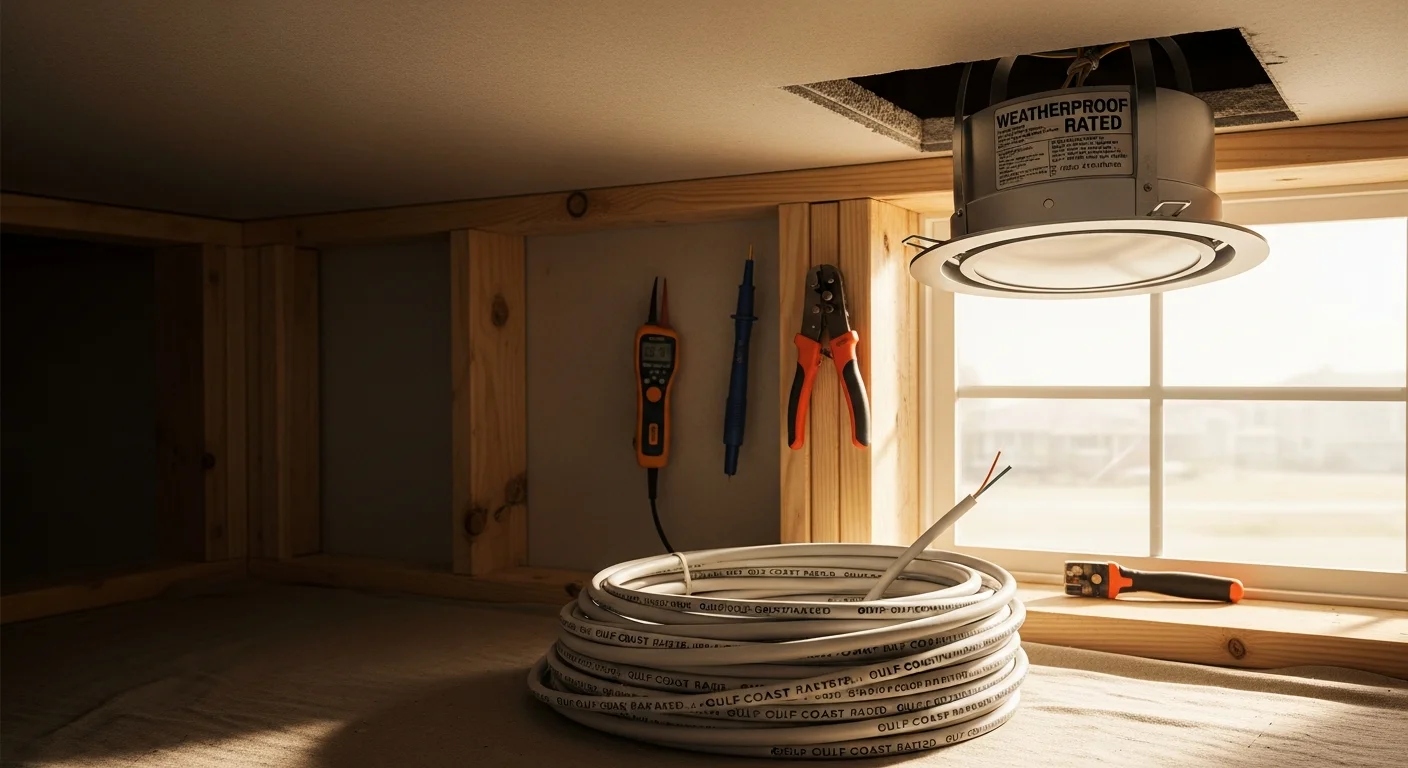 A licensed electrician from Texas Renovators LLC installing recessed ceiling lights in a Baytown residential living room. Finished fixtures are flush-mounted and evenly spaced across the ceiling of a single-story Texas home.
