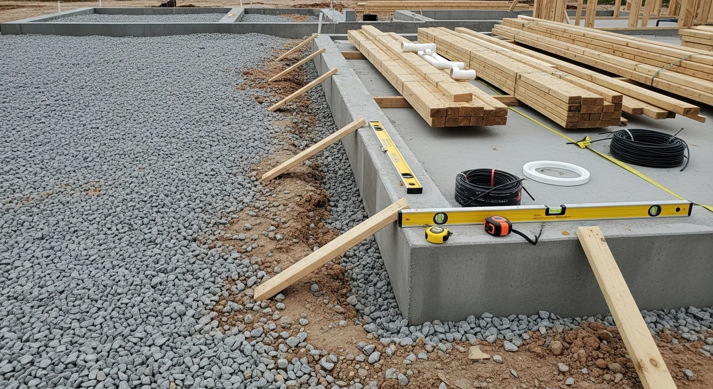 A newly framed single-family home under construction on a residential lot in Baytown, Texas, with wood framing, roof trusses, and a concrete slab foundation visible. A Texas Renovators LLC crew works on-site under clear skies with construction materials staged in the foreground.