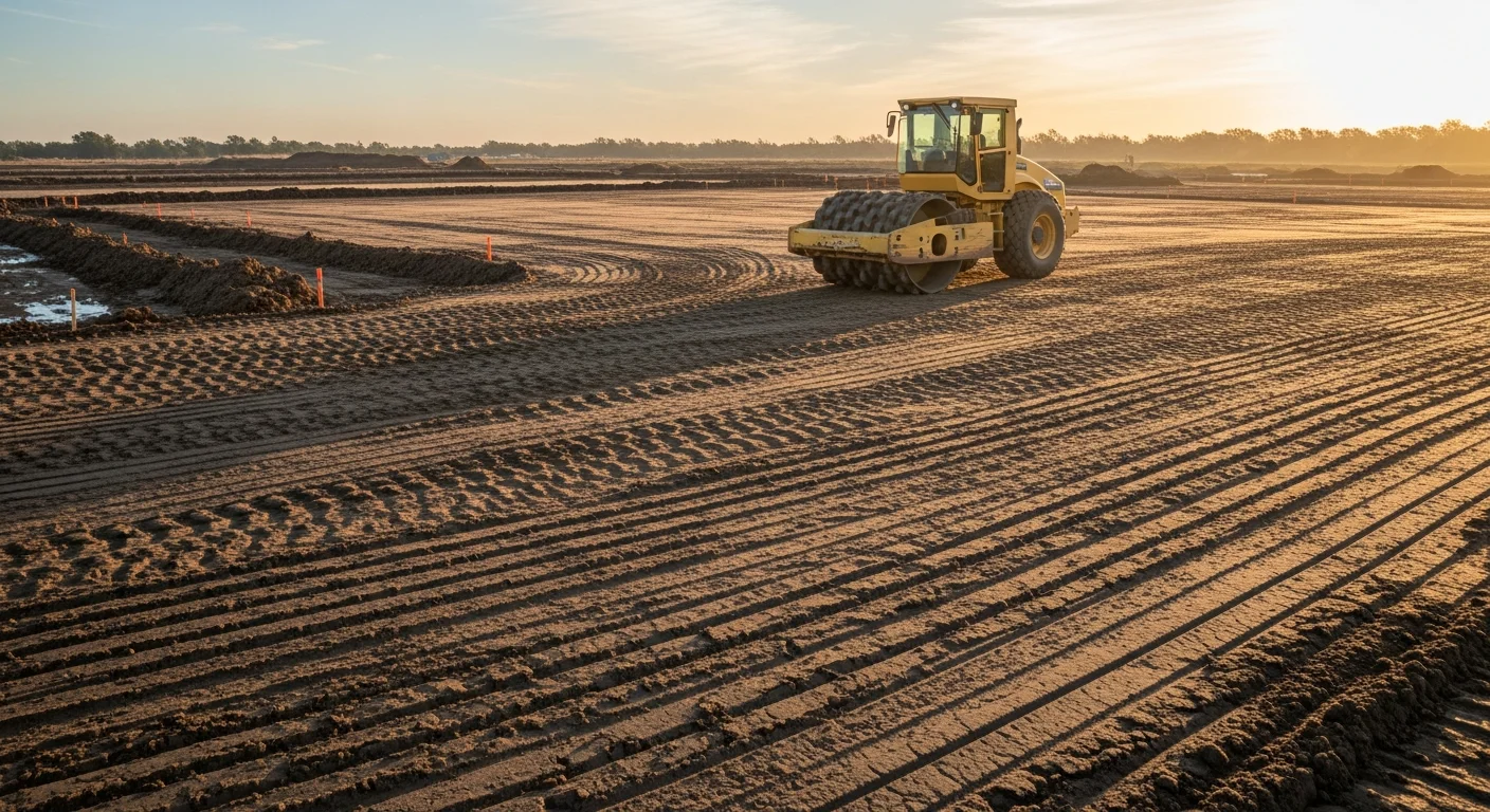A graded and compacted residential building lot in Baytown, Texas, cleared and leveled ahead of foundation work. The flat subgrade shows drainage shaping along the edges with no standing water or soft spots visible.